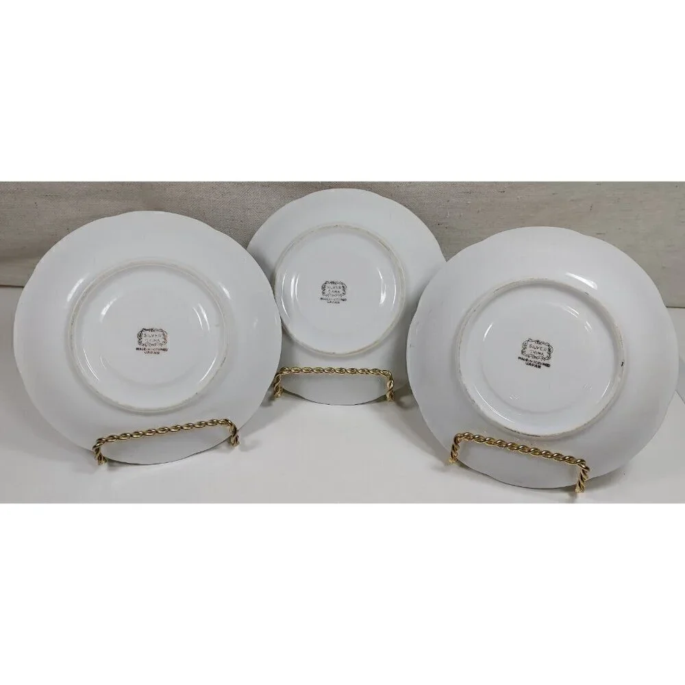 Silver China Occupied Japan Green Hand Painted Flowers Gold Trim Saucer Set Of 3